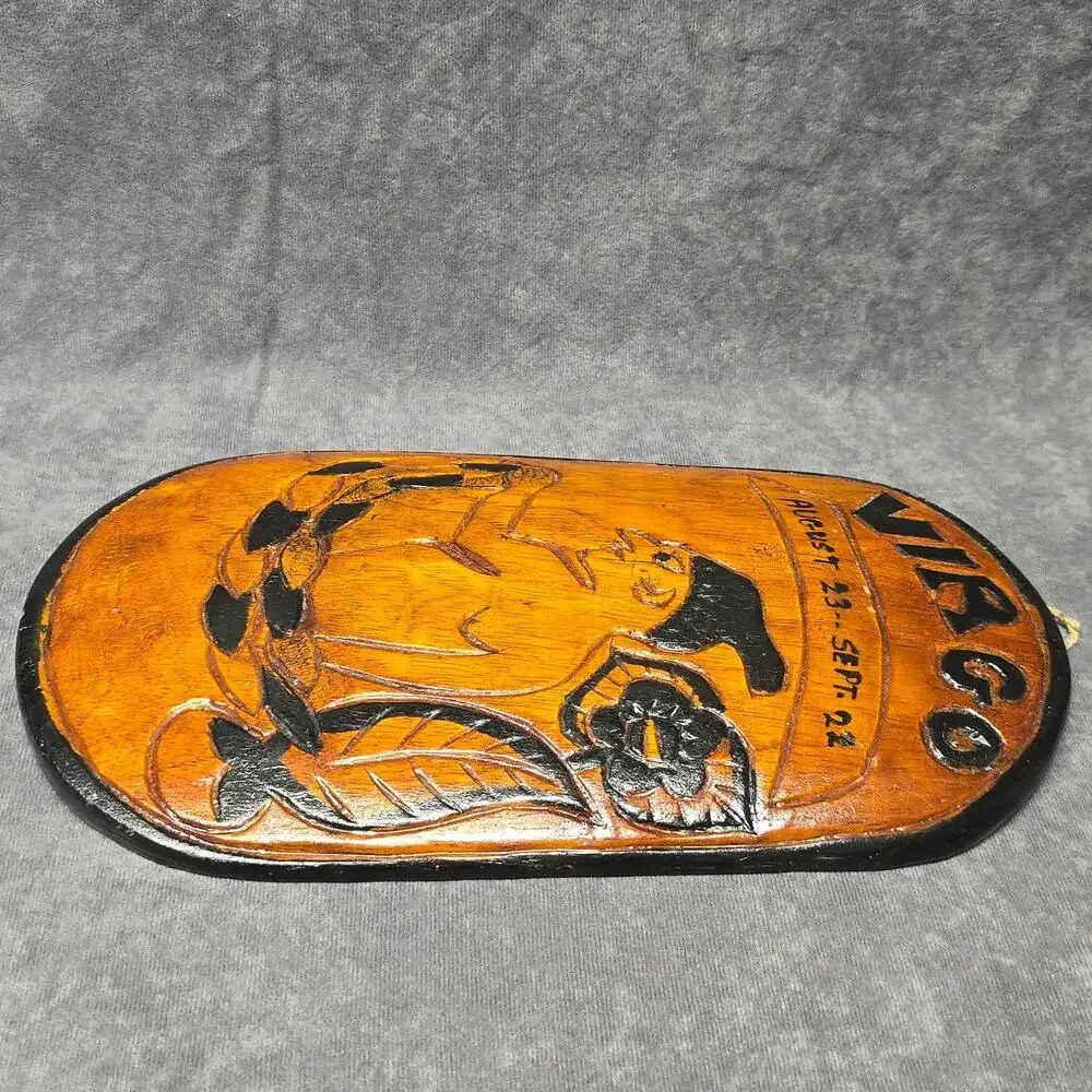 Primitive Handmade Wooden Virgo Astrological Zodiac Sign Horoscope Wall Plaque